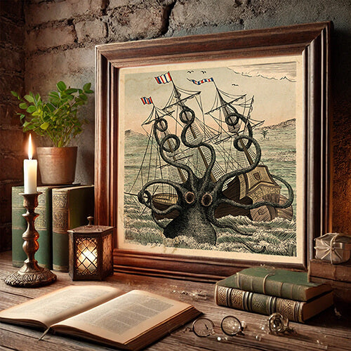 Kraken & Ship Art Print – Nautical Sea Monster Wall Decor | Vintage Maritime Illustration